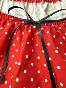 Tideelle Red And White Polka Dot Puff Sleeve Ruffle Crop Blouse, Coquette Cute French Sweet Style, Summer, Daily Picnic Vacation Everyday Date Street - Red - View 6