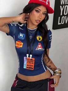 Coolane 夏季女款街頭風外出休閒圖案時尚遊戲日圓領修身短版深藍色T恤，夏季女款，夏季上衣 - 藏蓝色 - 查看 7