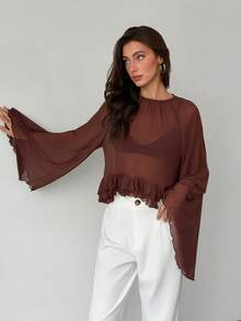 Aloruh Women's Elegant Sexy Crew Neck Multi-Layer Ruffle Hem Loose Bell Sleeve Knit Mesh Long Sleeve T-Shirt Date Night Night Out Dark Brown Summer - Brown - View 7