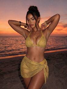 Swim SXY 3-Piece Net Fabric Special Fabric Set, Cocok Untuk Pakaian Renang Wanita Musim Semi dan Musim Panas. Set 3-Piece Net Fabric, Set Bikini, dan Pakaian Seksi. - Kuning - View 1