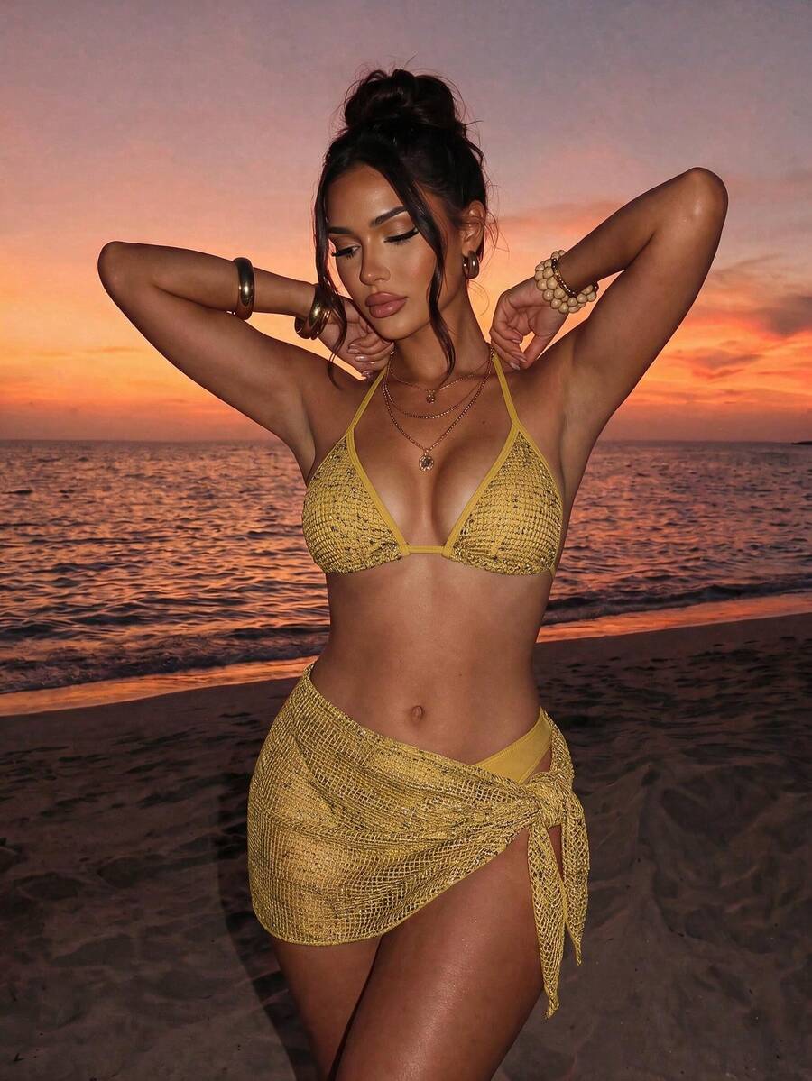 Swim SXY 3-Piece Net Fabric Special Fabric Set, Cocok Untuk Pakaian Renang Wanita Musim Semi dan Musim Panas. Set 3-Piece Net Fabric, Set Bikini, dan Pakaian Seksi. - Kuning - View 1
