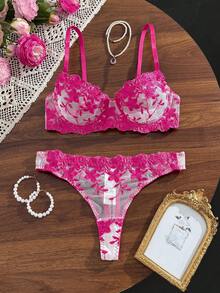 SHEIN 粉色浪漫女款鋼圈內衣與內褲套裝，2件組 - 玫紅色 - 查看 7