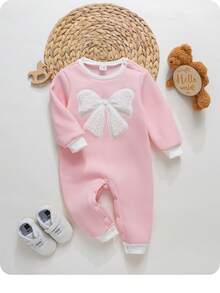 SHEIN Newborn Baby Girl Cute Autumn/Winter Bow Pattern Long Sleeve Thermal Lined Thick Jumpsuit - Baby Pink - View 6