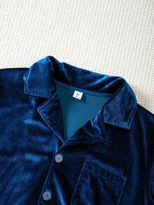 SHEIN Royal Blue Lapel Cardigan Velvet Pajamas For Teen Boys, Simple Solid Color Pocket Loose Drape Autumn/Winter Home Wear 2 Pieces Set - Navy Blue - View 3