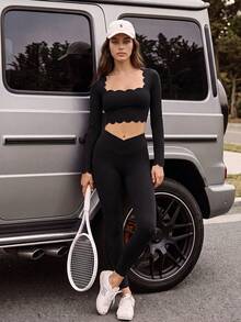 SHEIN BASICS 女款素色修身百搭日常長袖T恤 - 黑色 - 查看 6