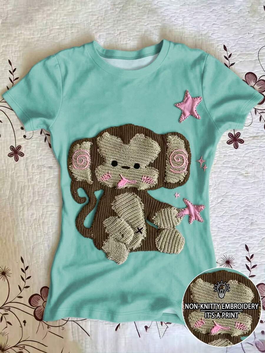 IslaSuriya Women's T-Shirt, Round Neck T-Shirt, Slim Fit T-Shirt, Women's Casual Minimalist Style T-Shirt, Suitable For Daily Casual Wear, Women's Short Sleeve Top, Summer Women's Top, Latest Women's Top, Fashion Top, Monkey Pattern T-Shirt Top - Multicolor - View 1
