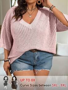 SHEIN CURVE+ Plus Size Solid Color V-Neck Hollow Out Short Sleeve Loose Casual Pullover Sweater For Women, Suitable For Spring Summer Date Night Holiday Dusty Pink - Dusty Pink - View 1