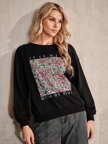Anewsta 女款字母與花卉印花圓領長袖寬鬆休閒衛衣 - 黑色 - 查看 6