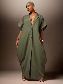 Vixey Woven Twill Notched Collar Deep V Drop Shoulder Quarter Sleeve Shirt Dress With Gold Button - Olive Green - View 1