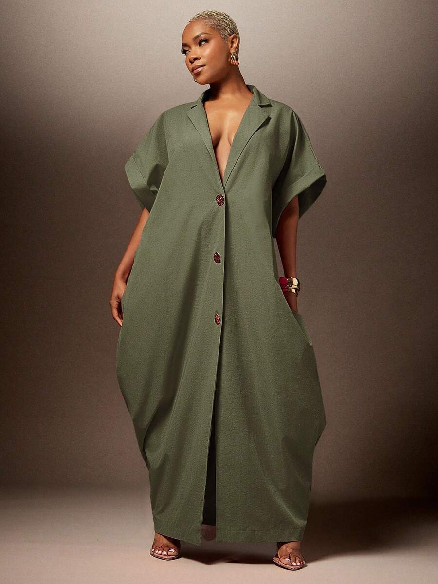 Vixey Woven Twill Notched Collar Deep V Drop Shoulder Quarter Sleeve Shirt Dress With Gold Button - Olive Green - View 1