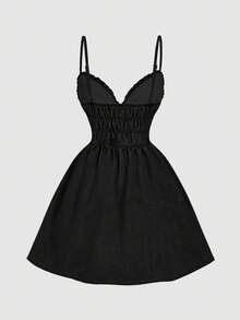 SHEIN MOD 女款性感法式百褶收腰細肩帶牛仔洋裝 - 黑色 - 查看 3