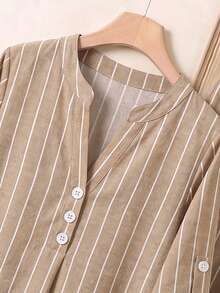 SHEIN RusticEase Petite 女款休閒長袖上衣與長褲兩件套，條紋套裝居家服，米色，秋季 - 卡其色 - 查看 4
