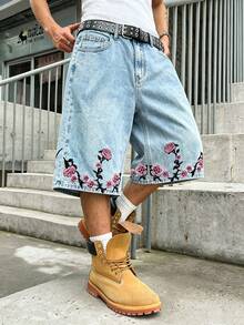 Manfinity EMRG Quần short denim nam phong cách đường phố thường ngày cao cấp thêu họa tiết wash - Rửa nhẹ - Xem 3