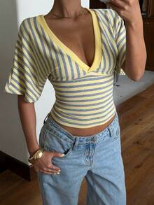 Muchica Yellow Striped V-Neck Short Sleeve Knit T-Shirt For Women,Summer Top Casual - Yellow - View 1