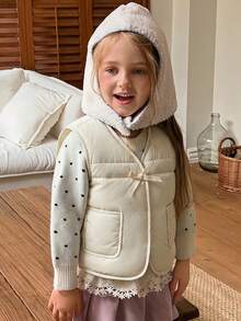 Hapijoa Young Girl Bow Decor Casual Daily Winter Cotton Padded Vest - Yellow - View 6