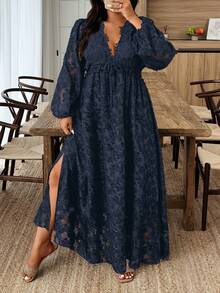 Weeklong Plus Size Women Jacquard Sheer Lace Trim Casual Long Dress, Suitable For Everyday Wear, Autumn/Winter Fall - Navy Blue - View 3