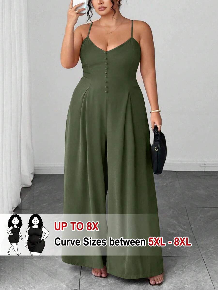 SHEIN CURVE+ 大码女士优雅褶裥腰部阔腿连体裤,春夏款 - 綠色 - 查看 1