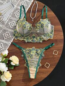 SHEIN 2件組女款裸色性感內衣套裝 - 橄欖綠 - 查看 3