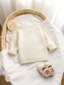 SHEIN Vintaside Kids 兔子刺繡兒童毛衣，奶油白女孩針織毛衣，花卉兔子嬰兒套頭毛衣，秋季 - 杏色 - 查看 3
