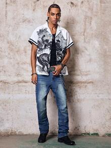 Skyrend Men's Washed Solid Black & Grey Elastic Patchwork Slim Fit Flared Jeans, Korean High Street Style Fall/Autumn/Winter Grunge - Blue - View 3
