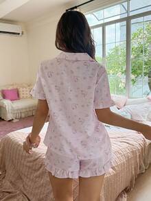 SweetSlumber Women's Sweet Cute Rabbit Cake Butterfly & Floral Print Ruffle Collar Short Sleeve Shorts Pajama Set - Pink - View 2