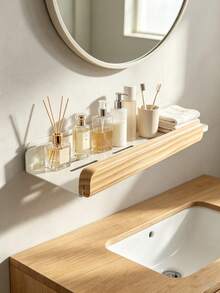 Drill-Free Wooden And Metal Floating Wall Shelf, Multi-Functional No-Drill Wall-Mounted Storage Rack, Ideal For Bathroom, Study, Kitchen, Laundry Room Decor And Organization - White - View 6