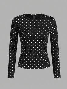 SHEIN EZwear 女款 3 件組波點圓領休閒修身長袖 T 恤套裝，秋季上衣，適合日常通勤、約會、派對，秋/冬/夏，聖誕節、新年、感恩節、外出、約會、約會、通勤、閃亮、情人節、優雅、度假、休閒、Y2K、外出、畢業典禮及其他場合 - 彩色 - 查看 6