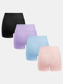 SHEIN Girlism Tween女孩日常休閒春夏針織素色高腰運動瑜伽短褲 4件/套 - 彩色 - 查看 2