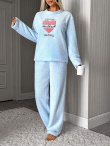 SHEIN Kind Heart Applique Plush Lounge Set - Blue - View 3