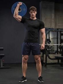 GymBeat 男士纯色休闲百搭日常运动T恤，健身 - 黑色 - 查看 7