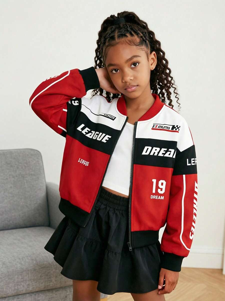 Tween Girl Colorblock Patchwork Letter Print Jacket Autumn Fall School Career Red Streetwear - Red - View 1