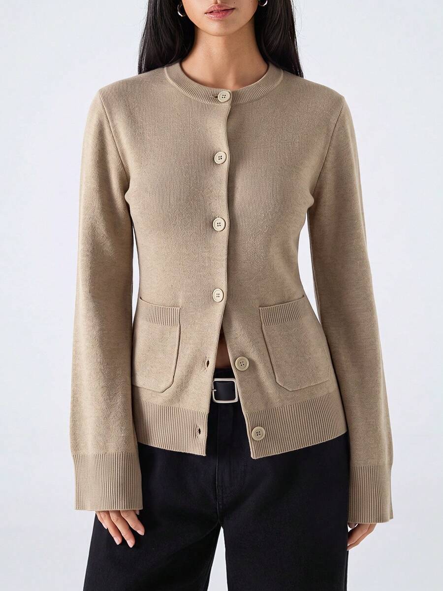 LYSMO Women's Casual Elegant Versatile Solid Color Front Button Knit Top Teachers' Day Office Khaki Autumn - Camel - View 1