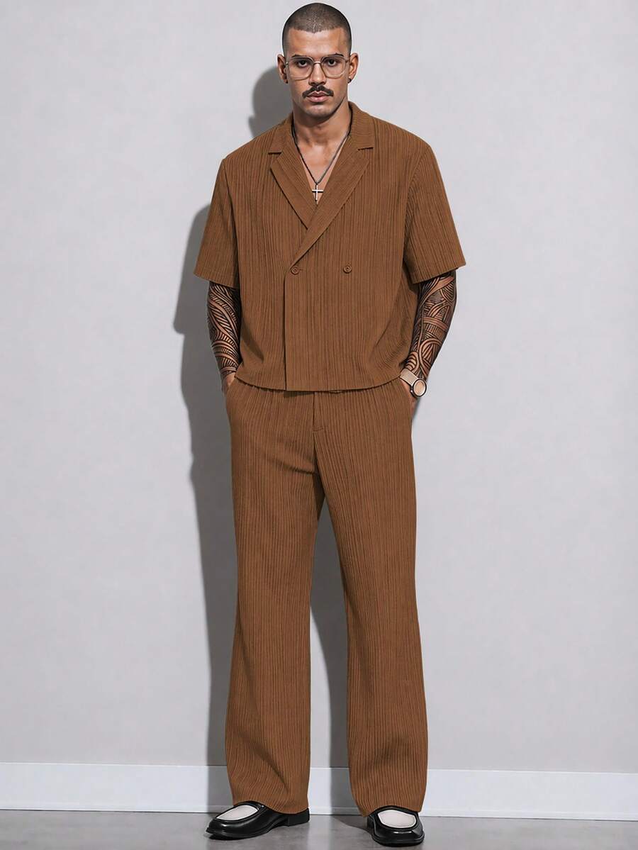 FeverCity Men's Casual Versatile Solid Color Shirt And Pants Set - Brown - View 1
