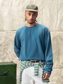 Norleigh Men's Casual Washed Loose Fit Round Neck Long Sleeve T-Shirt - Blue - View 1