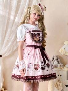ROMWE Kawaii 可愛蘿莉塔熊蛋糕巧克力印花女款迷你洋裝 - 彩色 - 查看 8