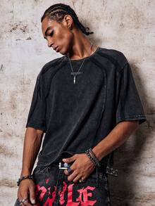 Skyrend Men's Casual Loose Fit Short Sleeve T-Shirt, Standard Size, Deep Gray Heather Splice Plain Gothic Punk Streetwear For Emo Boy Graphic Tee Men Grunge - Dark Grey - View 5