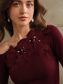Anewsta Women's Autumn/Winter 3D Floral Embroidered Beaded Rhinestone Fitted Skin-Friendly Cold Shoulder Asymmetric One-Shoulder Knit T-Shirt Top - Red Violet - View 3