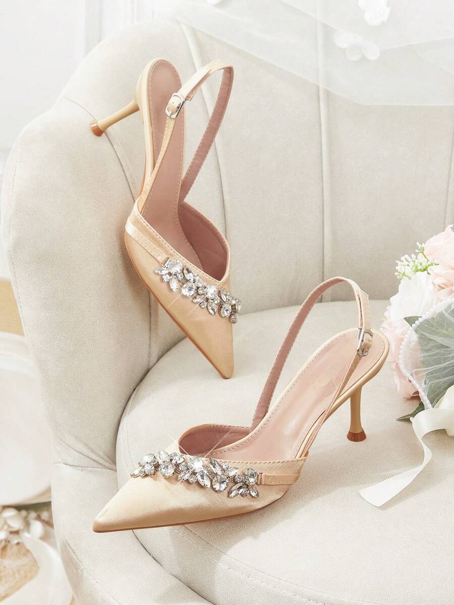 CUCCOO HITCHD Spring And Summer New Rhinestone Decoration Pointed Toe Thin Heel High Heel Elegant Gorgeous Style Wedding Bride Wedding Shoes Dating Dinner Party - Champagne - View 1