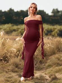 Cheriluna Maternity 聖誕派對洋裝/優雅派對洋裝/嬰兒洗禮派對洋裝 純色露肩露背蝴蝶結長版孕婦攝影洋裝 - 酒紅色 - 查看 5