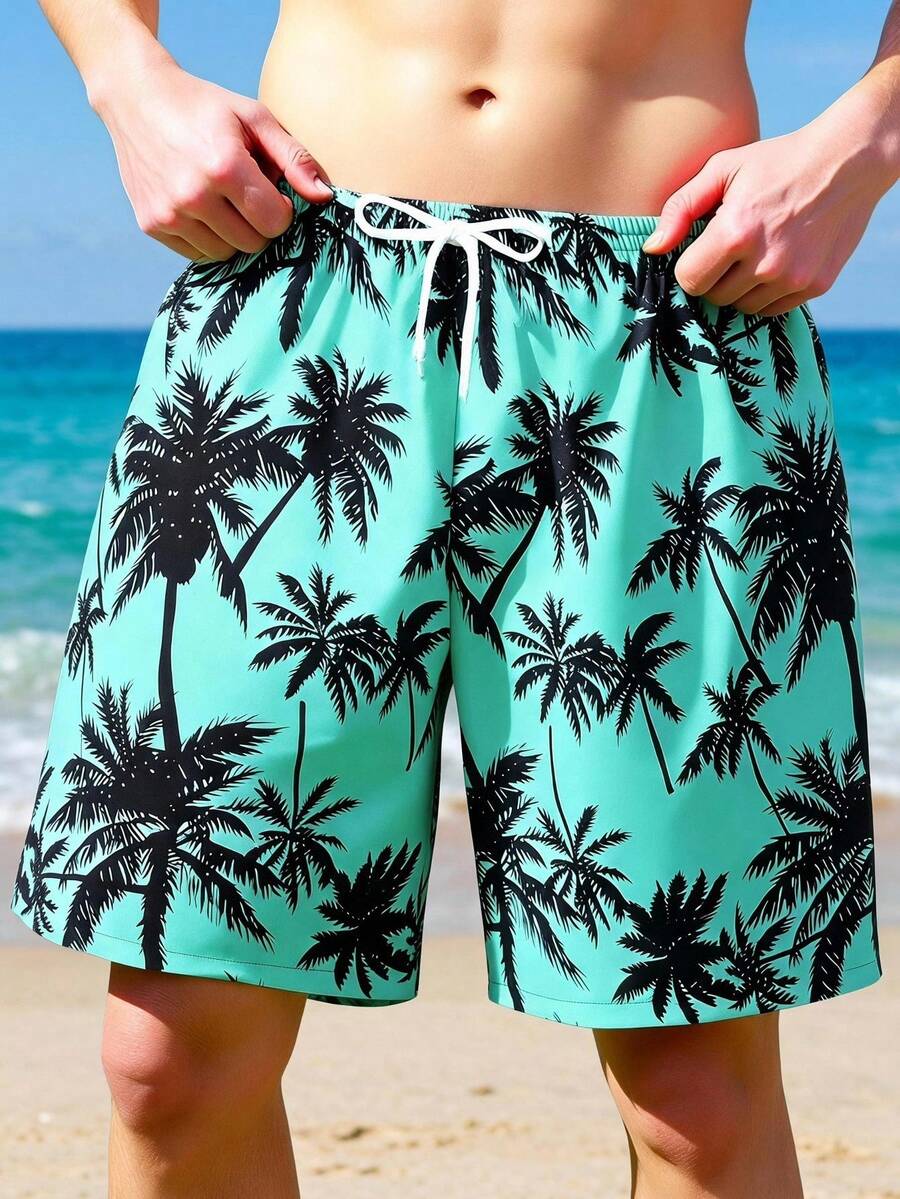 SHEIN 1pc Teen Boy Swimwear,Green Base With Black Palm Tree Print,Elastic Waist Drawstring Tropical Swim Shorts For Summer Vacation,Holiday,Beach,Pool Party - Mint Green - View 1