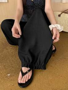 DAZY Solid Color Loose Lantern Pants Cropped Length Casual Vacation Summer Women's Long Pants - Black - View 6