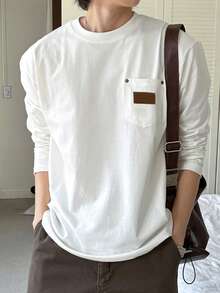 DAZY Men's Long Sleeve Knitted Fabric Crew Neck T-Shirt With Chest Pocket And Patch Design, Suitable For Layering Or Outerwear, Spring/Autumn - White - View 7