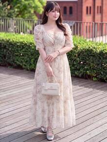Bijouette 大尺碼女款時尚休閒正裝軟身浪漫方領印花花瓣袖洋裝，適合早午餐、生日，馬卡龍色夏季款 - 杏色 - 查看 9