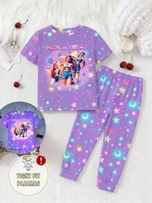 SHEIN 女童休閒簡約修身舒適圓領短袖上衣＋長褲 2 件套居家服，適合春夏 - 紫色 - 查看 11