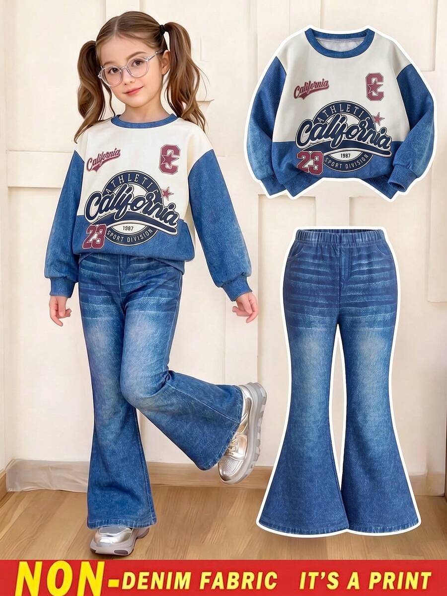 SHEIN Elladie kids 少女運動風字母圖案2件套服裝,拼色長袖衛衣上衣與藍色喇叭褲,休閒學院風秋季穿搭 - 藍色 - 查看 1