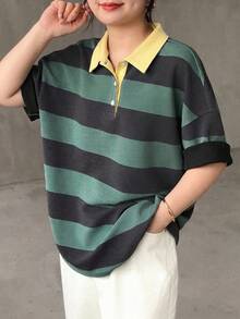 Livesso 女款大尺碼拼色拼接條紋寬鬆 Polo 領中袖休閒夏季 T 恤 - Fresh Green - 查看 4