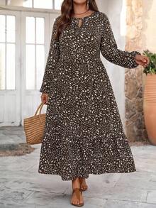 EMERY ROSE Plus Size Vacation Casual Ditsy Floral Dress Fall - Coffee Brown - View 1