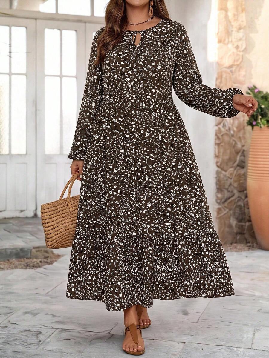 EMERY ROSE Plus Size Vacation Casual Ditsy Floral Dress Fall - Coffee Brown - View 1
