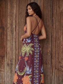 CAJUNI 女款度假金剛鸚鵡與棕櫚樹刺繡洋裝 - 酒紅色 - 查看 1