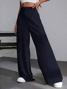 SHEIN EZwear 休閒百搭 100% 純棉海軍藍高腰寬腿褲，適合校園穿搭、全方位休閒穿著、派對與音樂節穿著、畢業季、開學季、度假季、都市辦公穿著 - 藍色 - 查看 3